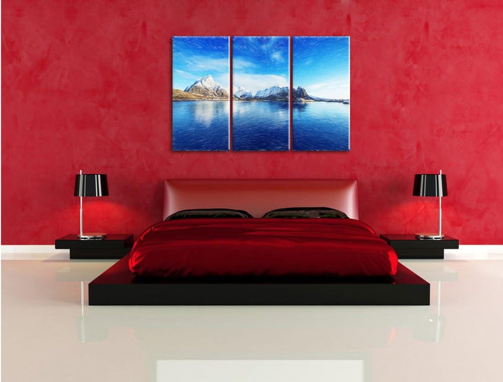 Pixxprint Lofoten in Norwegen Kunst Buntstift Effekt 3-Teiler Leinwandbild 120x80 Bild auf Leinwand