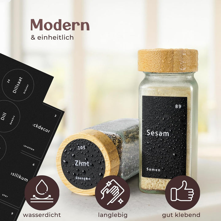 Gewürzgläser Set - 24 Gewürzgläser mit Etiketten und Bambusdeckeln - 120 ml Gläser mit Streueinsätze