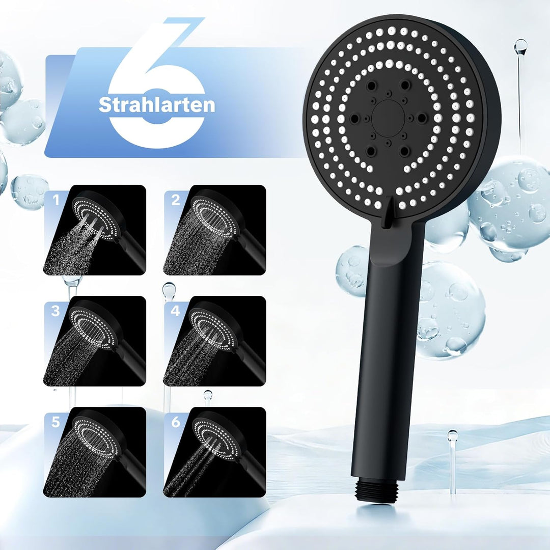 OFFO Duschkopf mit Schlauch und Halterung, 100 mm Duschbrause mit 6 Strahlarten, Handbrausen Wassers