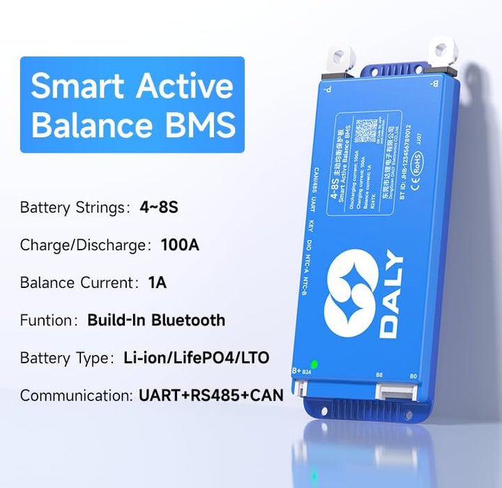DALY 100A 4S-8S 12V-24V Smart BMS mit 1A Active Balancer und integriertem Bluetooth RS485 CAN für Li