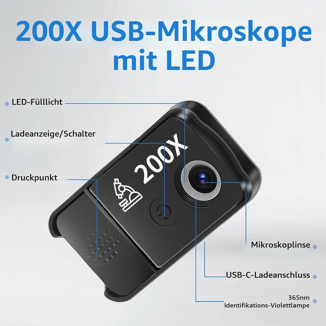 Handy Mikroskop, 200x USB Mikroskopen mit LED, Mini-Mikroskop für Smartphone Kamera, HD Digital Mikr