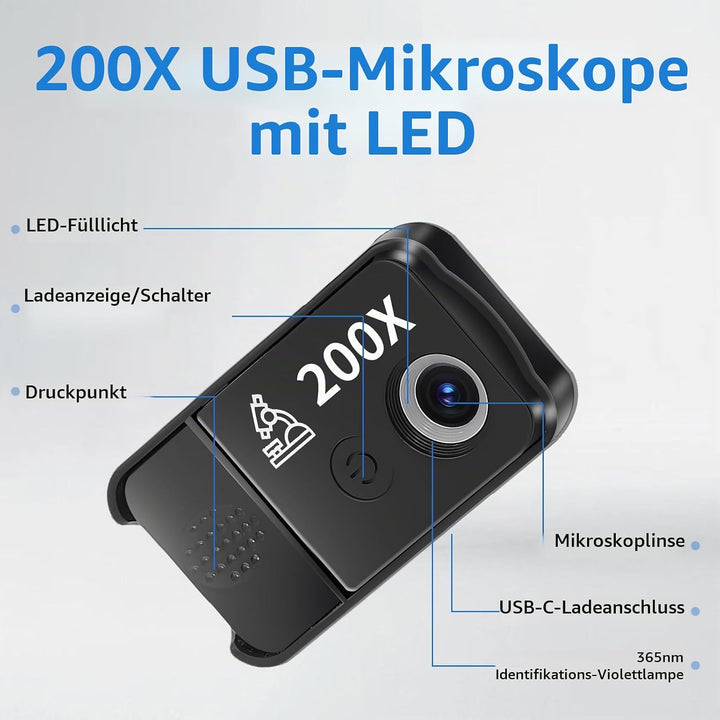Handy Mikroskop, 200x USB Mikroskopen mit LED, Mini-Mikroskop für Smartphone Kamera, HD Digital Mikr