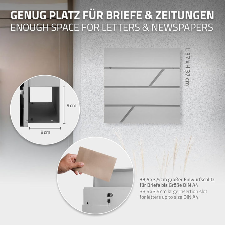 ECD Germany Briefkasten mit Zeitungsfach, Hellgrau, 37x11x37 cm, aus Edelstahl pulverbeschichtet, in