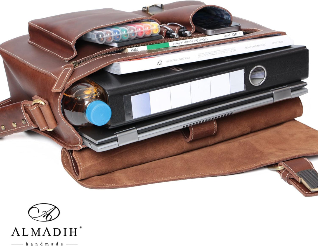 ALMADIH Leder Aktentasche Messenger *JON* handgefertigt aus robustem Premium Rindsleder braun Vintag