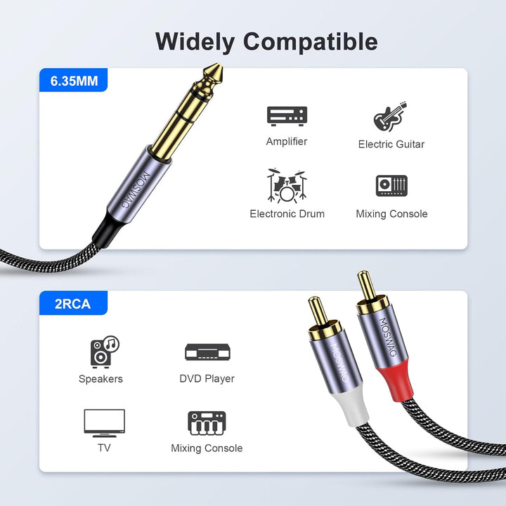 MOSWAG 6.35mm 1/4" TRS to Dual RCA Audio Cable, 6,35mm 1/4'' Männlich zu 2 RCA Männlich Stereo Audio