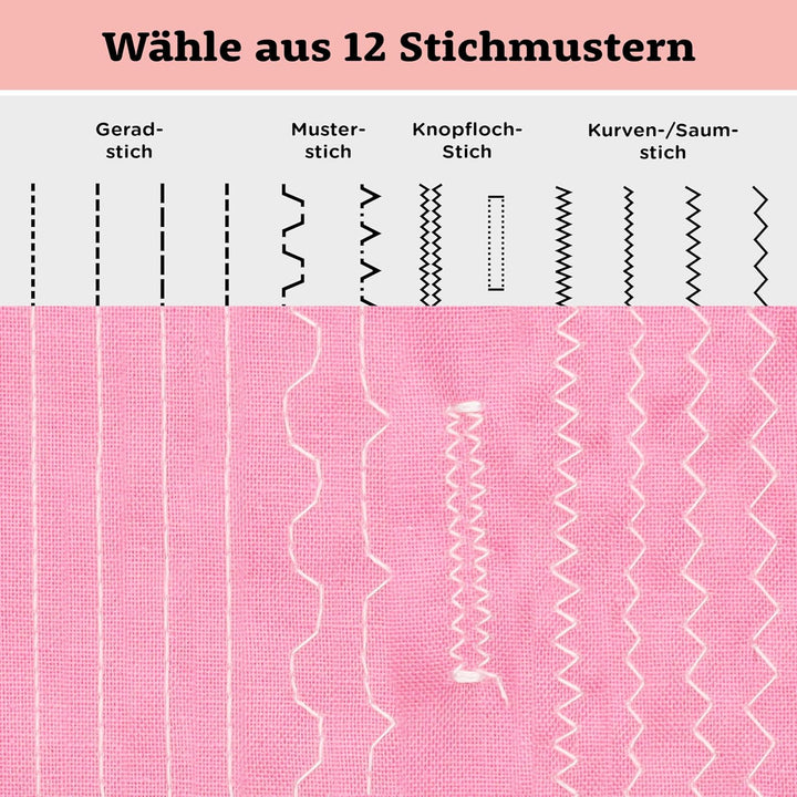 Crafts&Co® Nähmaschine für Anfänger mit Eingebautem LED-Licht und Fusspedal | 12 Stiche | Mini Nähma