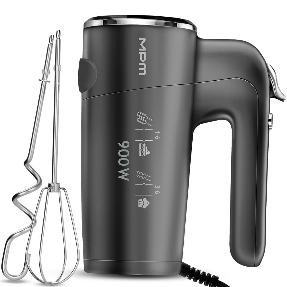 MPM Handmixer mit 2 Rührbesen und 2 Knethaken - 6 Geschwindigkeiten mit Turbotaste - 900 W - Anthraz