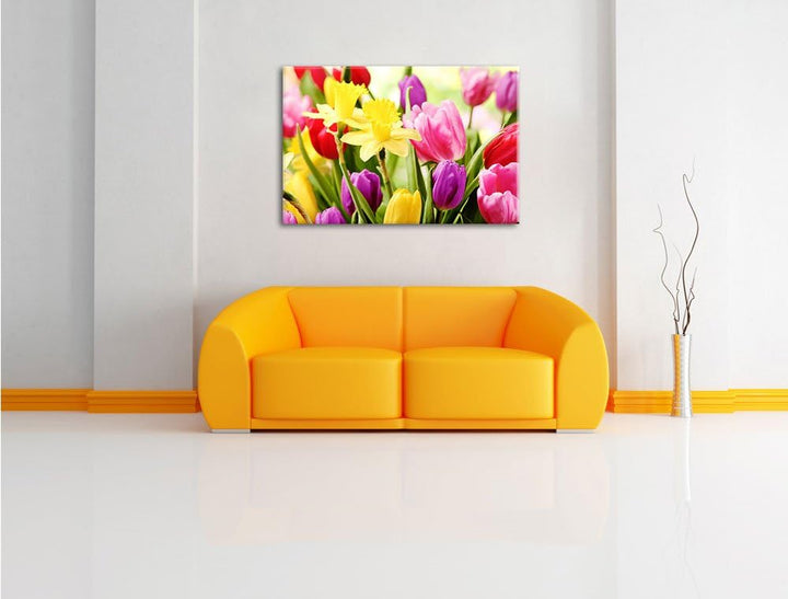 Farbenfrohe Osterglocken und Tulpen Format: 100x70 auf Leinwand, XXL riesige Bilder fertig gerahmt m
