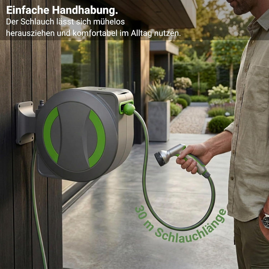 Dönges novaterra® Akku Schlauchtrommel 30m – Automatische akkubetriebene Gartenschlauchtrommel mit e
