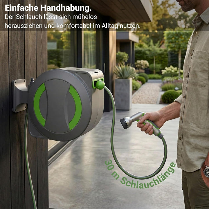 Dönges novaterra® Akku Schlauchtrommel 30m – Automatische akkubetriebene Gartenschlauchtrommel mit e
