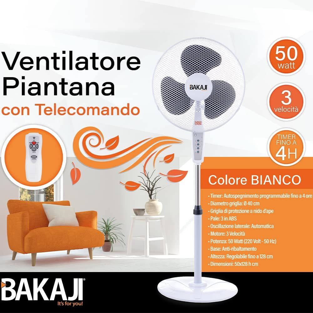 BAKAJI Standventilator mit Fernbedienung, Leistung 50 W, 3 Geschwindigkeiten, 40 cm, Höhe und Neigun