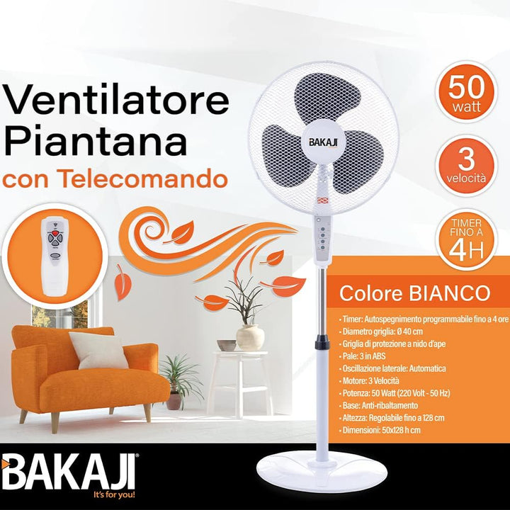 BAKAJI Standventilator mit Fernbedienung, Leistung 50 W, 3 Geschwindigkeiten, 40 cm, Höhe und Neigun