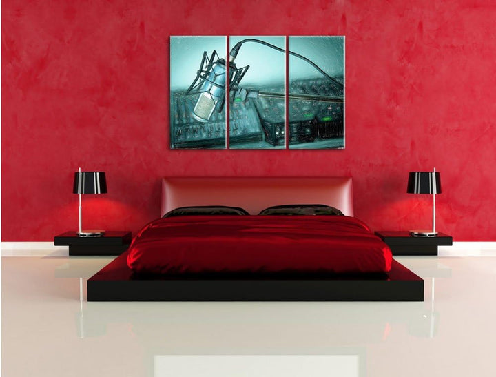 Pixxprint Mikrofon mit Musikanlagen als Leinwandbild/Grösse: 3 Teilig (120x80) cm/Wandbild/Kunstdruc