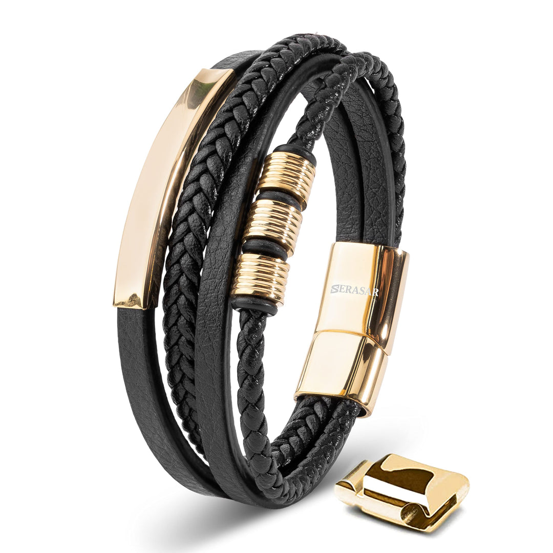 SERASAR Premium Lederarmband für Männer in Schwarz | Magnetverschluss aus Edelstahl in Schwarz, Silb