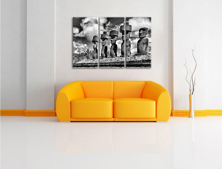 Pixxprint Monocrome, Moai Statuen auf den Osterinseln am Tag 3-Teiler Leinwandbild 120x80 Bild auf L