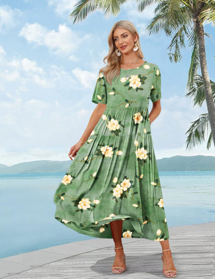 YESNO Damen Kleider Freizeit Lose Sommerkleid Lang Boho Maxikleid für Rundhals Strandkleid Blumenkle