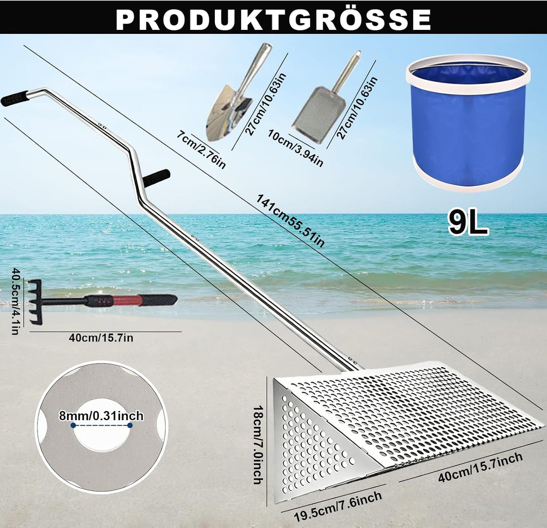 Sandsieb Strand, Sandsieb Strand aus Edelstahl mit abnehmbarem langem Griff, faltbarem Eimer, Schauf