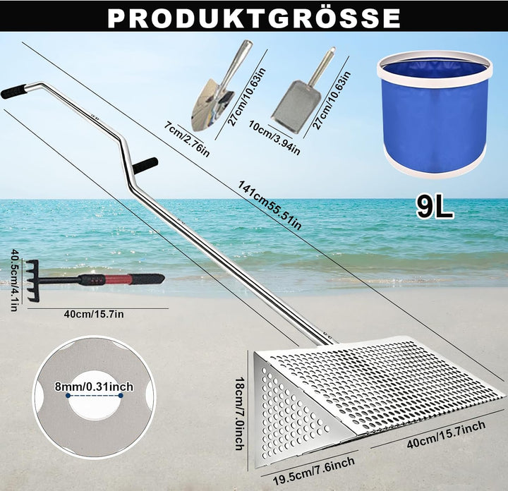 Sandsieb Strand, Sandsieb Strand aus Edelstahl mit abnehmbarem langem Griff, faltbarem Eimer, Schauf