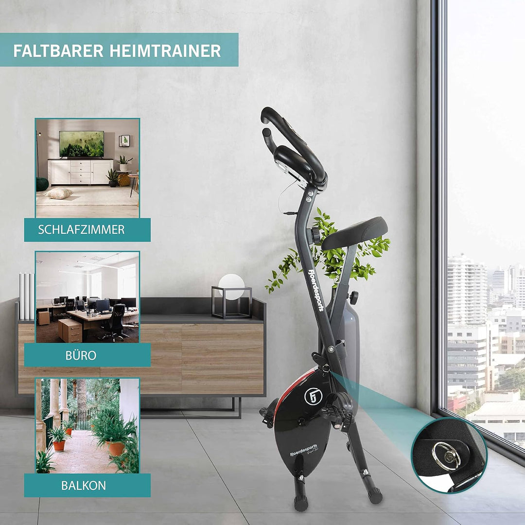 Fjoerdesports faltbarer Fahrradtrainer, Heimtrainer, Fitnessfahrrad LCD Trainingscomputer, klappbare