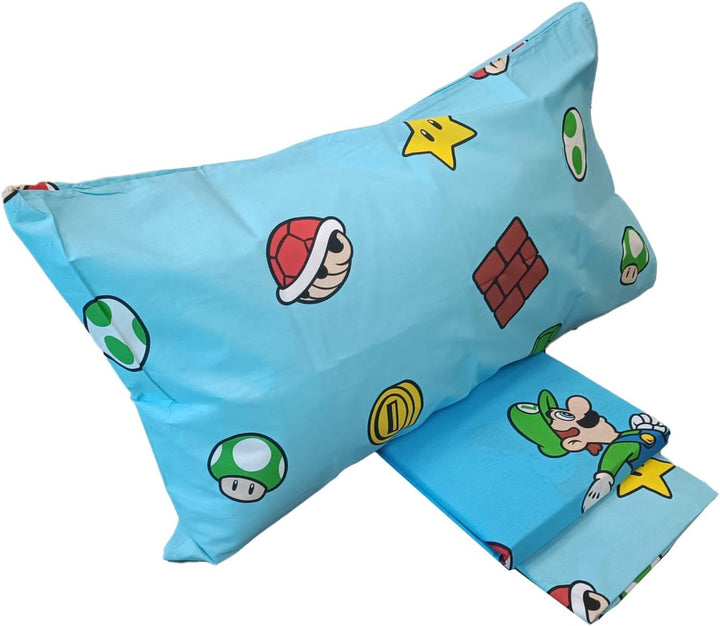Super Mario Bettwäsche-Set für Einzelbett, Einzelbett, Kissenbezug, Spannbettlaken, 100% Baumwolle,