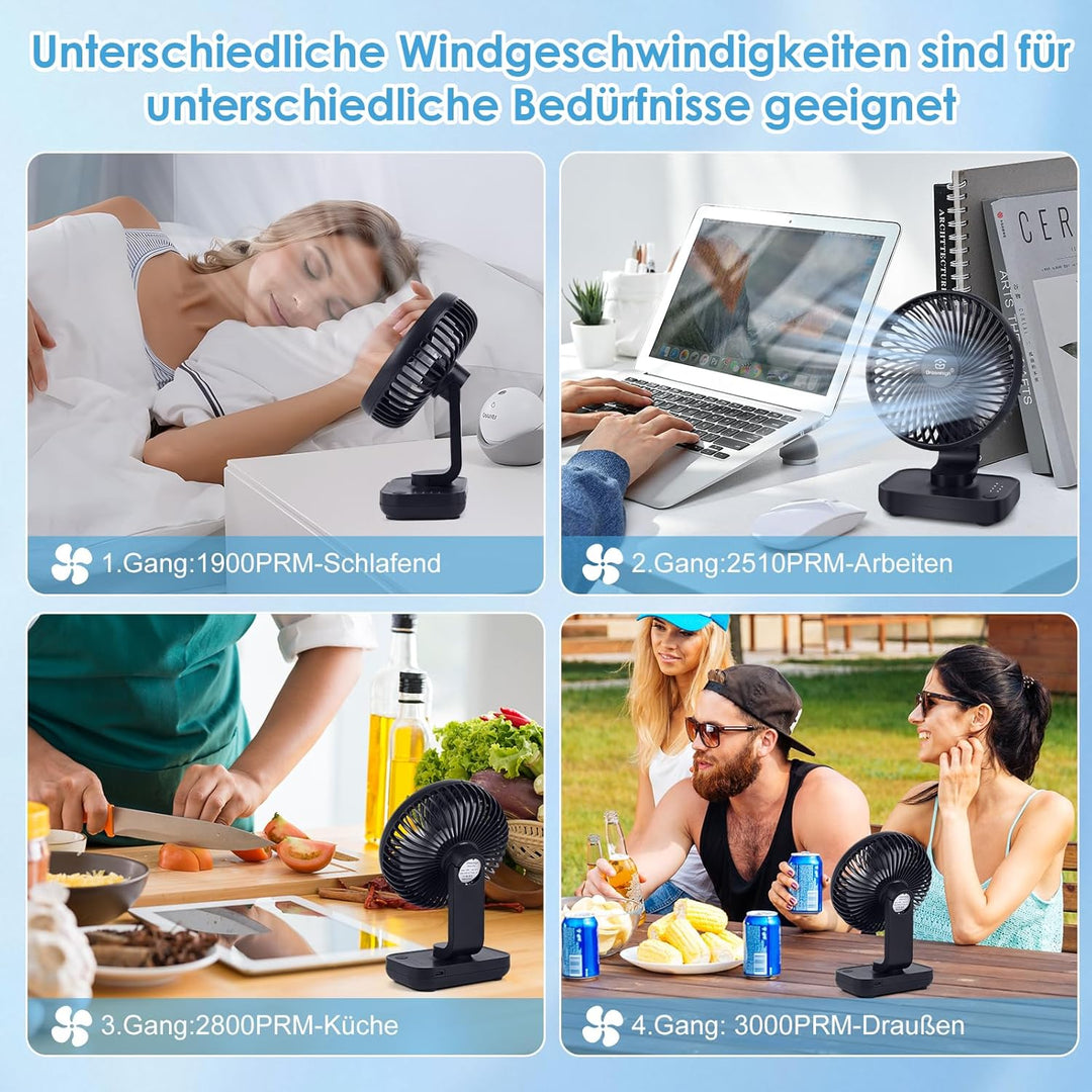 Dreamhigh® 4000mAh USB Ventilator Ultra Leise, Tischventilator, Klein Tragbarer 4 Geschwindigkeiten