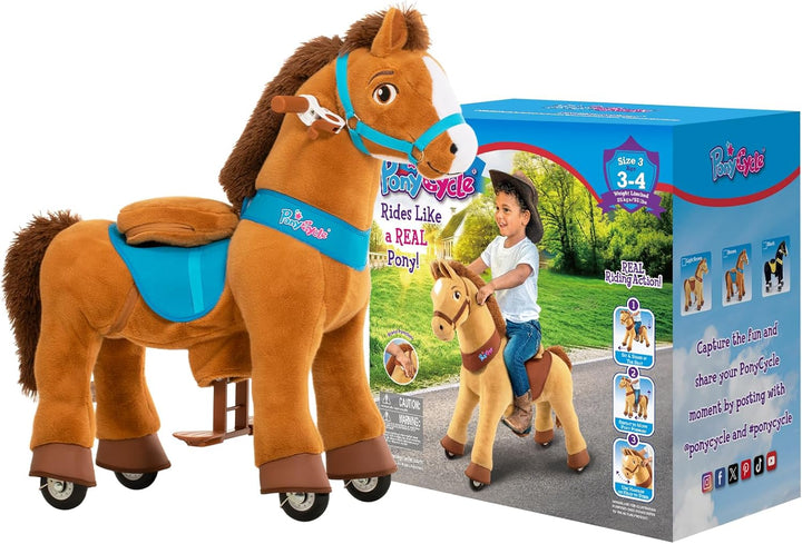 PonyCycle Pferd zum reiten, für Kinder 3–4 Jahre, 76cm Hoch, Reitpferd auf Rollen mit Handbremse, Sc