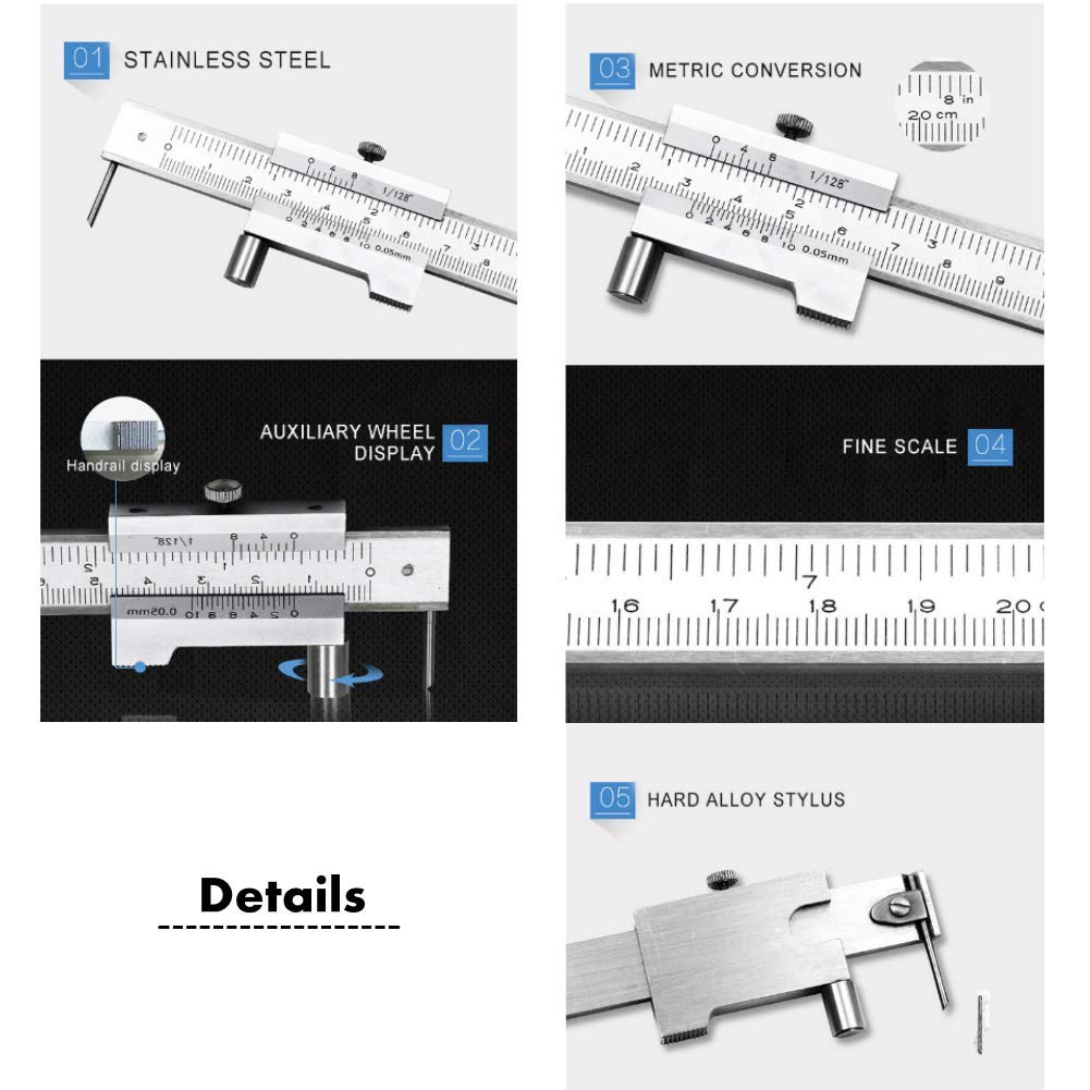 Digitaler Messschieber, 0-200 mm, tragbarer Messschieber aus Edelstahl mit scharfer Spitze für Holz,