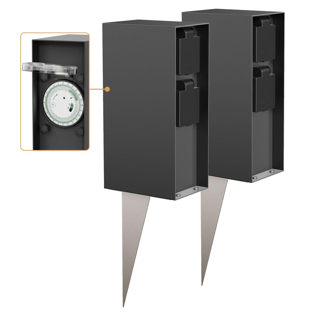ledscom.de 2X Garten-Steckdosensäule POMI mit Erdspiess für aussen, IP44, Timer/Zeitschaltuhr, 2-Fac