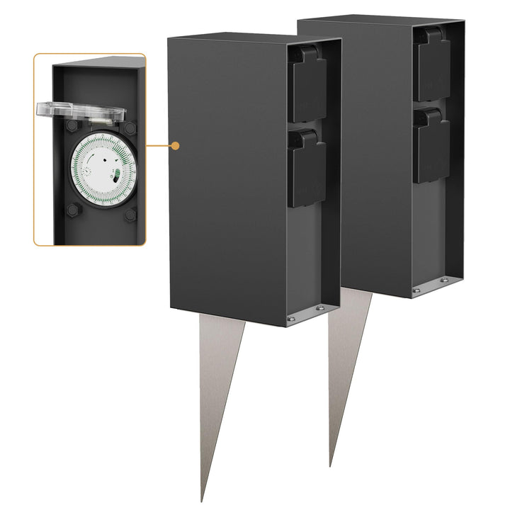 ledscom.de 2X Garten-Steckdosensäule POMI mit Erdspiess für aussen, IP44, Timer/Zeitschaltuhr, 2-Fac