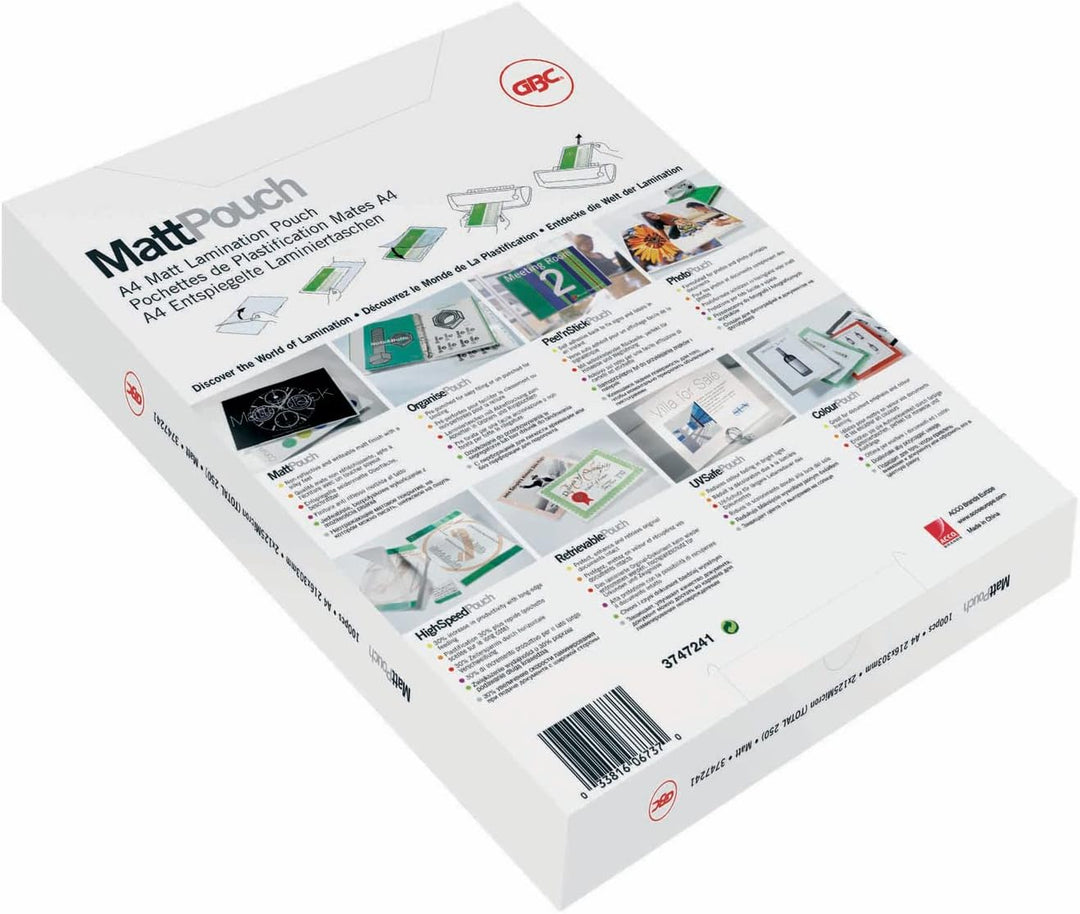 GBC Laminierfolien A4 Matt 125 mic, Beschriftbare Oberfläche, Robuste Laminiertaschen im 100er Pack,