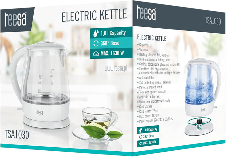 TEESA Kabelloser elektrischer Wasserkocher 1L, TSA1030B, weiss