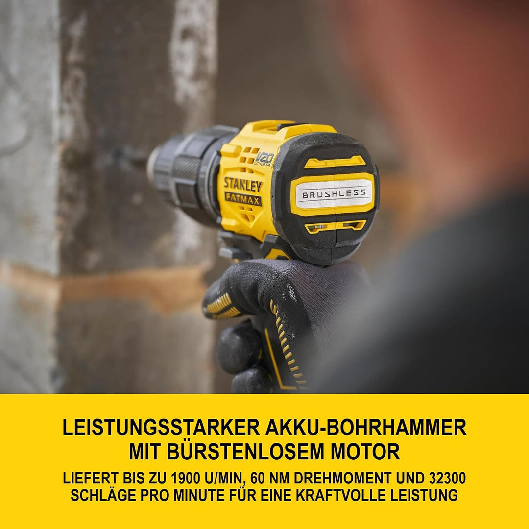 STANLEY V20 Akku-Schlagbohrschrauber, bürstenlos, 2-Gang, inklusive 2x 2,0 Ah Li-Ion-Akku, 1,25 A La