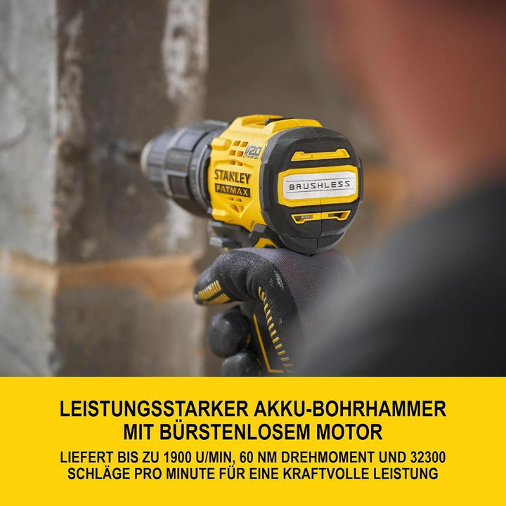 STANLEY V20 Akku-Schlagbohrschrauber, bürstenlos, 2-Gang, inklusive 2x 2,0 Ah Li-Ion-Akku, 1,25 A La