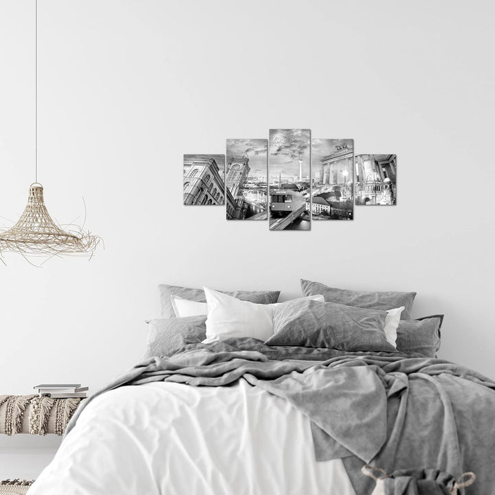 Runa Art Wandbilder Berlin 5 Teilig Bild auf Vlies Leinwand Deko Büro Wohnzimmer Stadt Schwarz Weiss