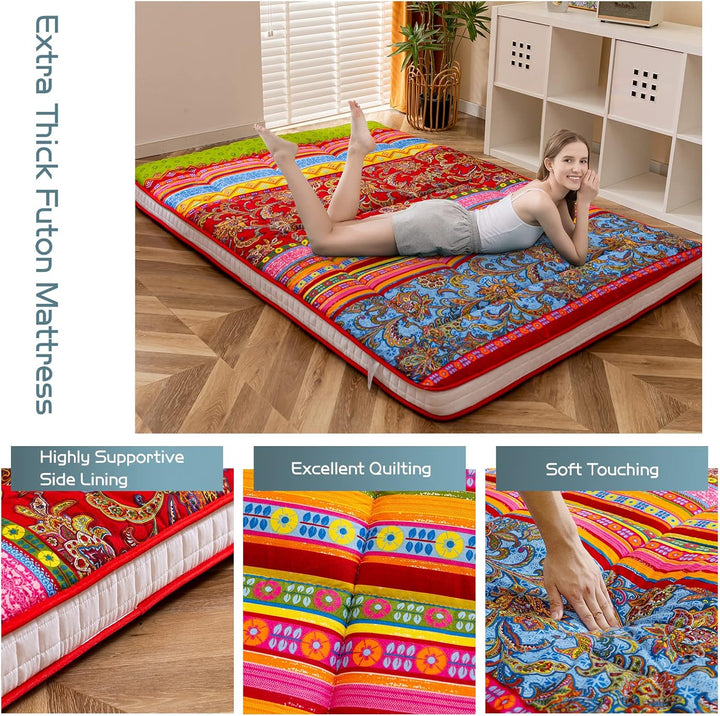 MAXYOYO Böhmische Retro-Bodenmatratze, Vintage-Blumenmuster, japanische Futon-Matratze, aufrollbar,