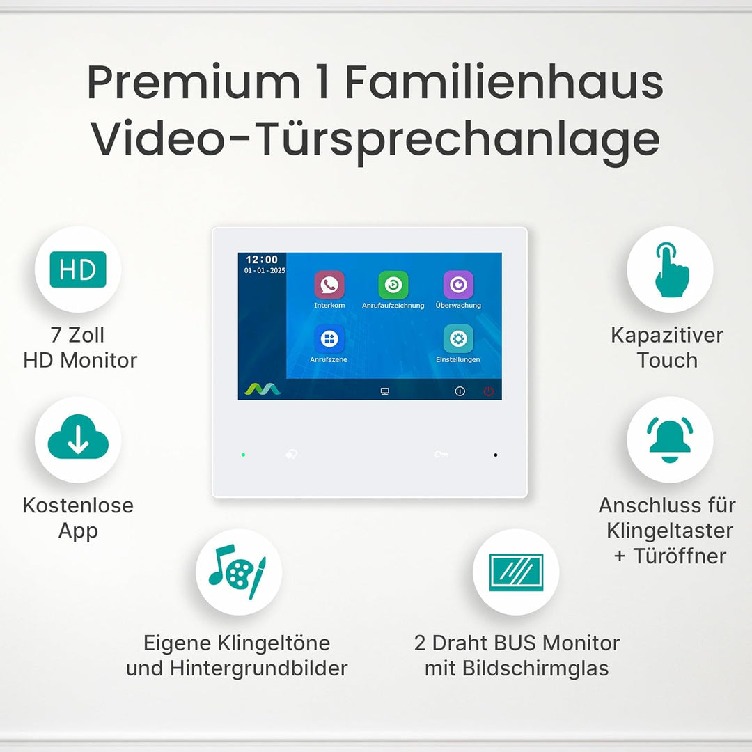 MATHFEL 1 Familienhaus 2 Draht Bus WLAN Video-Türsprechanlage, 2x7 Zoll Monitor mit Full HD 2 Megapi