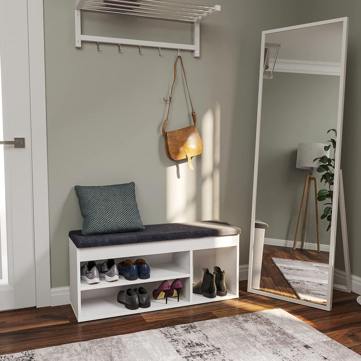 KOMTO Schuhbank mit Sitzfläche - Schuhregal Bank mit Stauraum Weiss 100 x 48 x 32 cm Schuhschrank mi