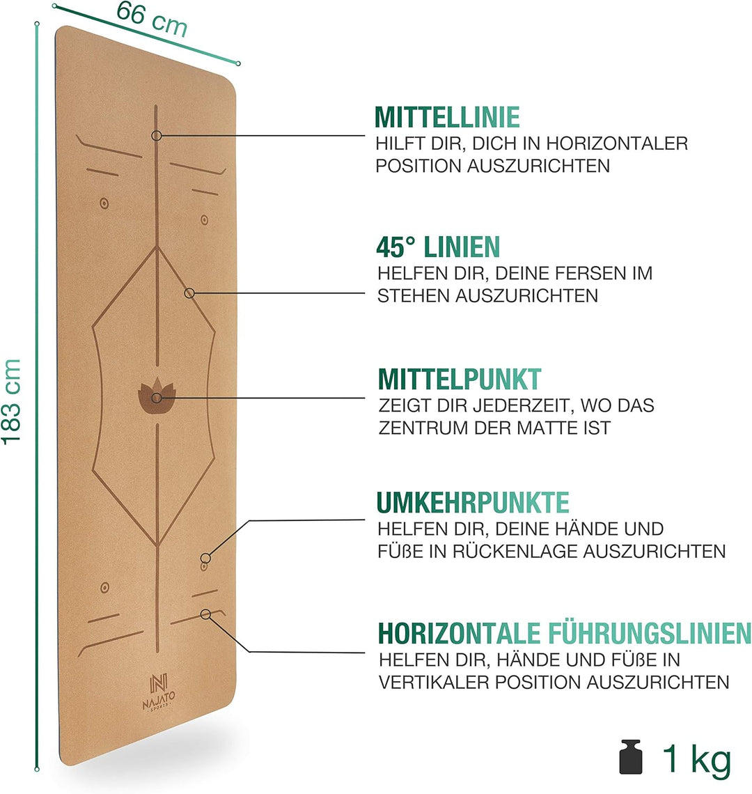 Sports Yogamatte Kork – Rutschfeste Yoga Matte mit Tragegurt & E-Book (PDF Datei) – Trainingsmatte 1
