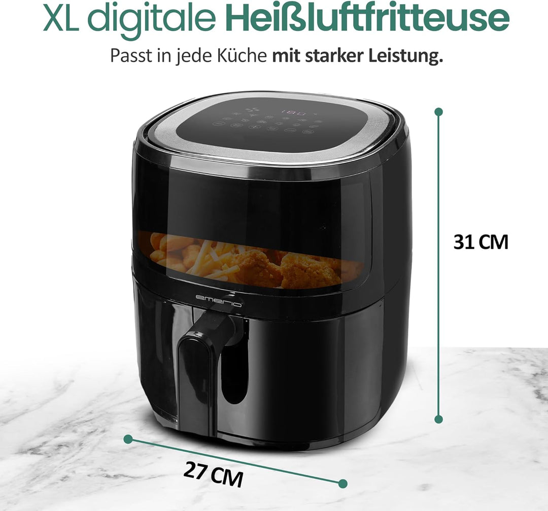 Emerio AF-129329.3 AirFryer, digitale Heissluftfritteuse mit Sichtfenster, 5 l Volumen, 1500 W, Schw