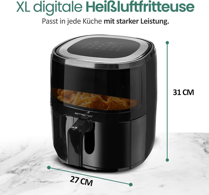Emerio AF-129329.3 AirFryer, digitale Heissluftfritteuse mit Sichtfenster, 5 l Volumen, 1500 W, Schw