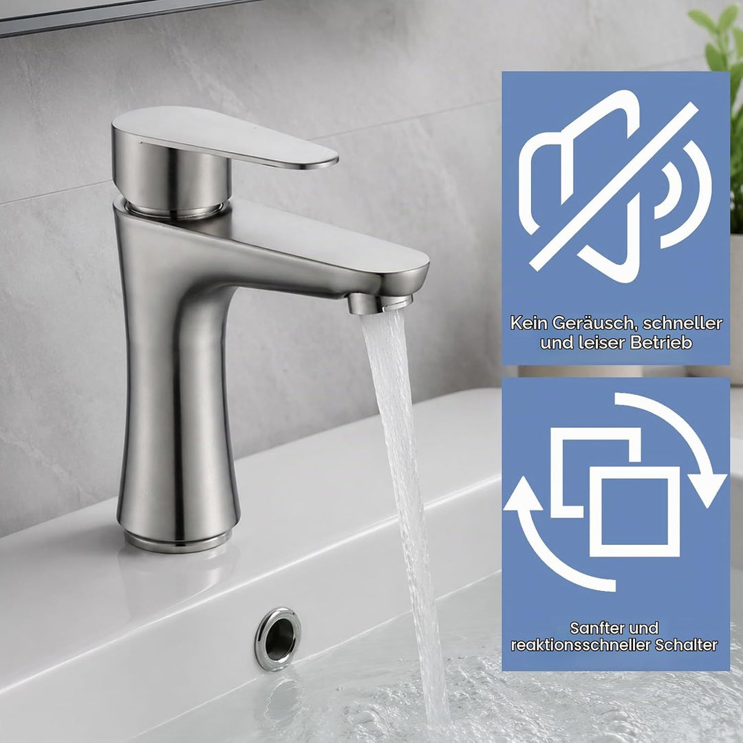 Wasserhahn Bad, Kaltwasserhahn Edelstahl Kaltwasserarmatur, mit 80cm Anschlussschlauch, Waschbeckena