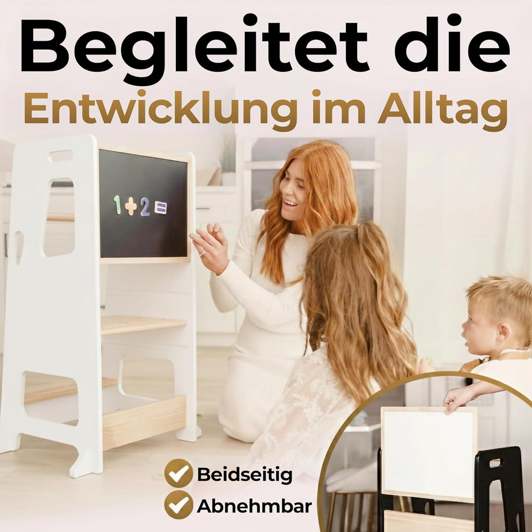 BEY & CO® Lernturm/Entdeckerturm aus Holz – Küchenhelfer für Kinder – 3-Fach höhenverstellbar, mit R