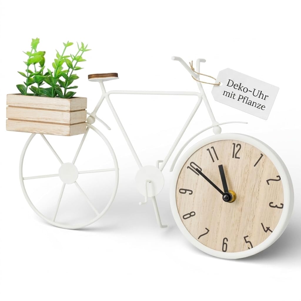 MIJOMA Tischuhr Fahrrad 34 x 24 cm – Metallrahmen mit Holzbox und Deko-Pflanze – analoges Zifferblat