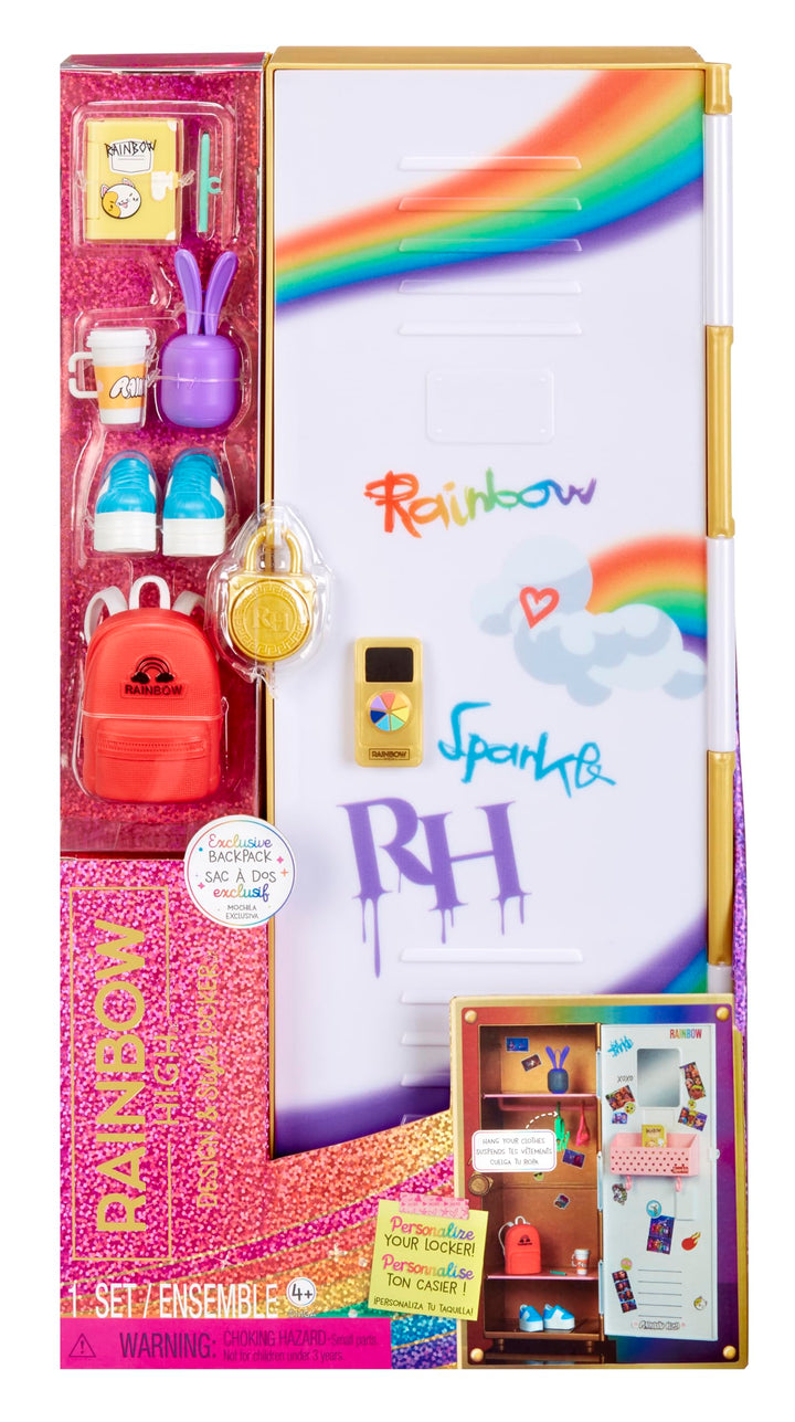 Rainbow High Design & Style - Spind-Spielset mit Regalen, Kleiderbügeln, Zubehör und Stickern, für K