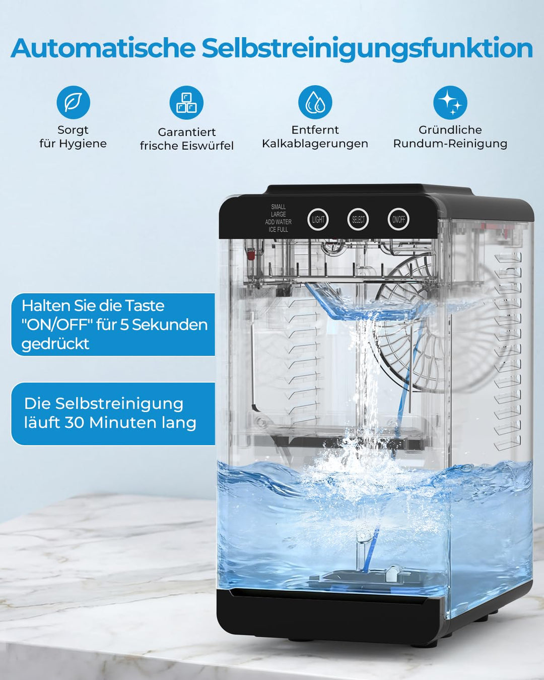 Tragbare Eiswürfelmaschine mit Schublade – Schnelles Kugeleis in 6 Min (12kg/24h), 2 Grössen, Selbst