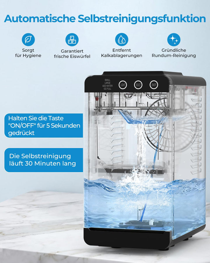 Tragbare Eiswürfelmaschine mit Schublade – Schnelles Kugeleis in 6 Min (12kg/24h), 2 Grössen, Selbst