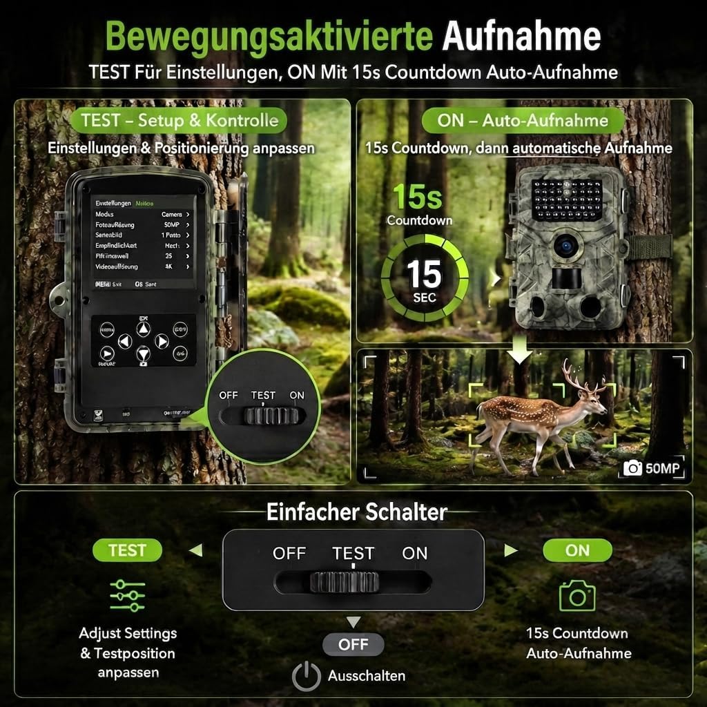 Wildkamera 4K 50MP, Wildtierkamera mit Nachtsicht Bewegungsmelder Weitwinkel 120°, 850nm IR LEDs Nac