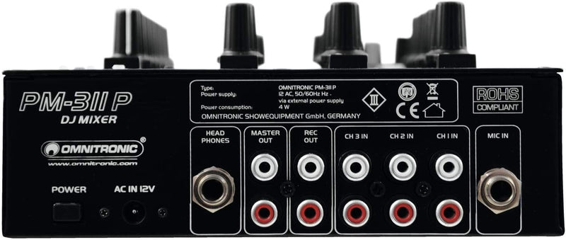 Omnitronic PM-311 P 3-Kanal-DJ-Mixer mit integriertem MP3-Player | DJ-Mikrofoneingang mit Talkover-S