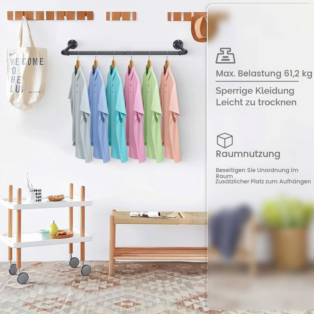 FLY HAWK Kleiderstange für Wand, 80cm Garderobenstange im Industrie-Design Industrierohr Kleiderstan