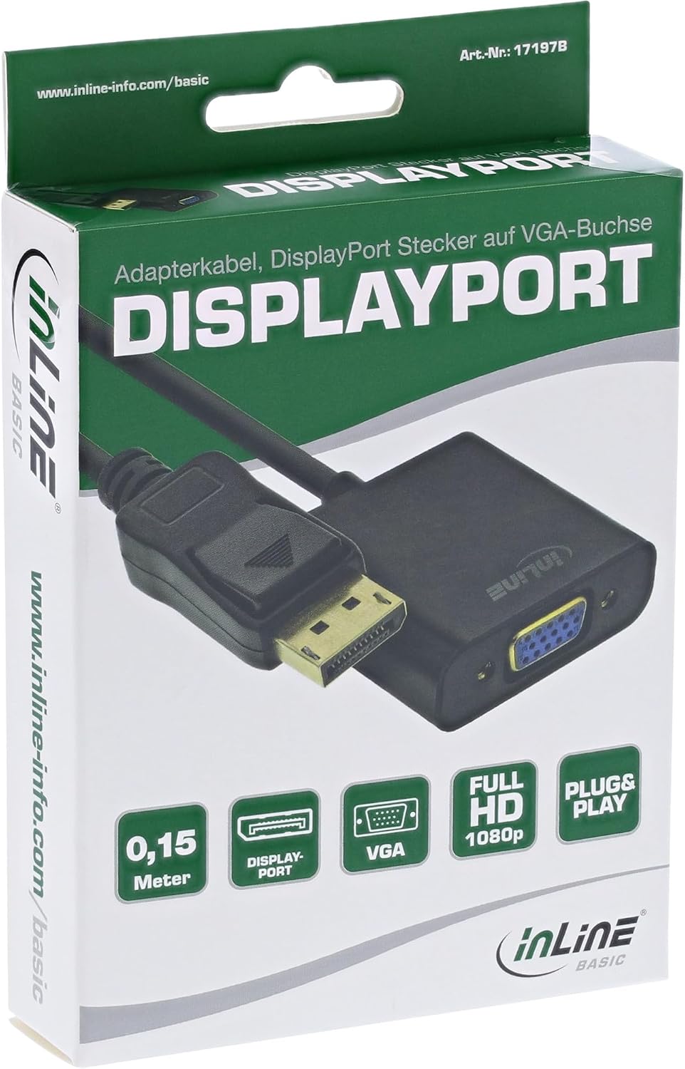 InLine 17197B Basic DisplayPort Adapterkabel, DisplayPort Stecker auf VGA Buchse, schwarz, 0,15m